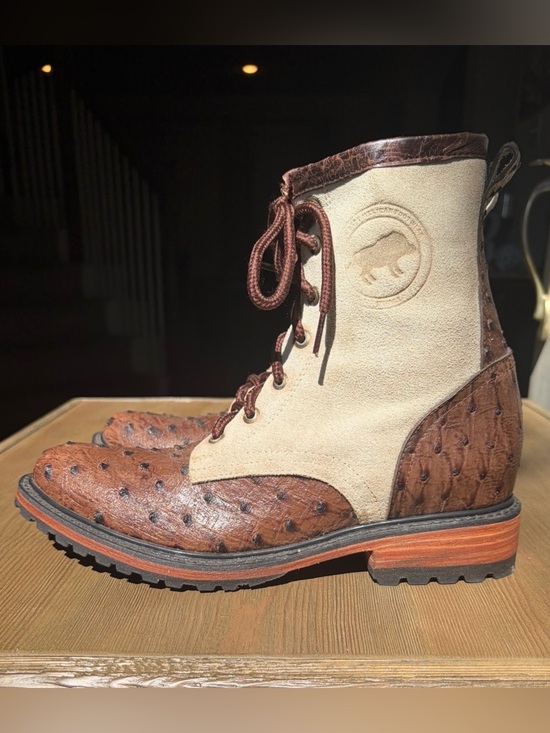 Handcrafted Mexican Ostrich Print Leather Packer Boots Mens 8 Womens 10 main image 5